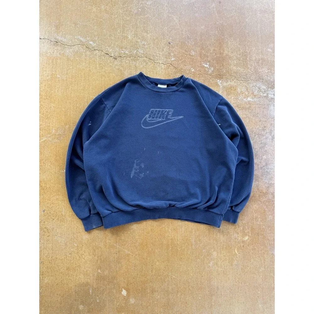 Nike 2000s Faded Painters Crewneck Sweater Big Swoosh Embroidered Y2K (L)